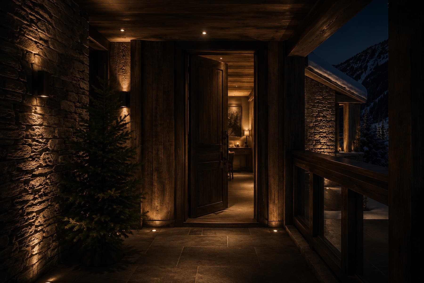 Discreet entrance to a private chalet in an intimate setting