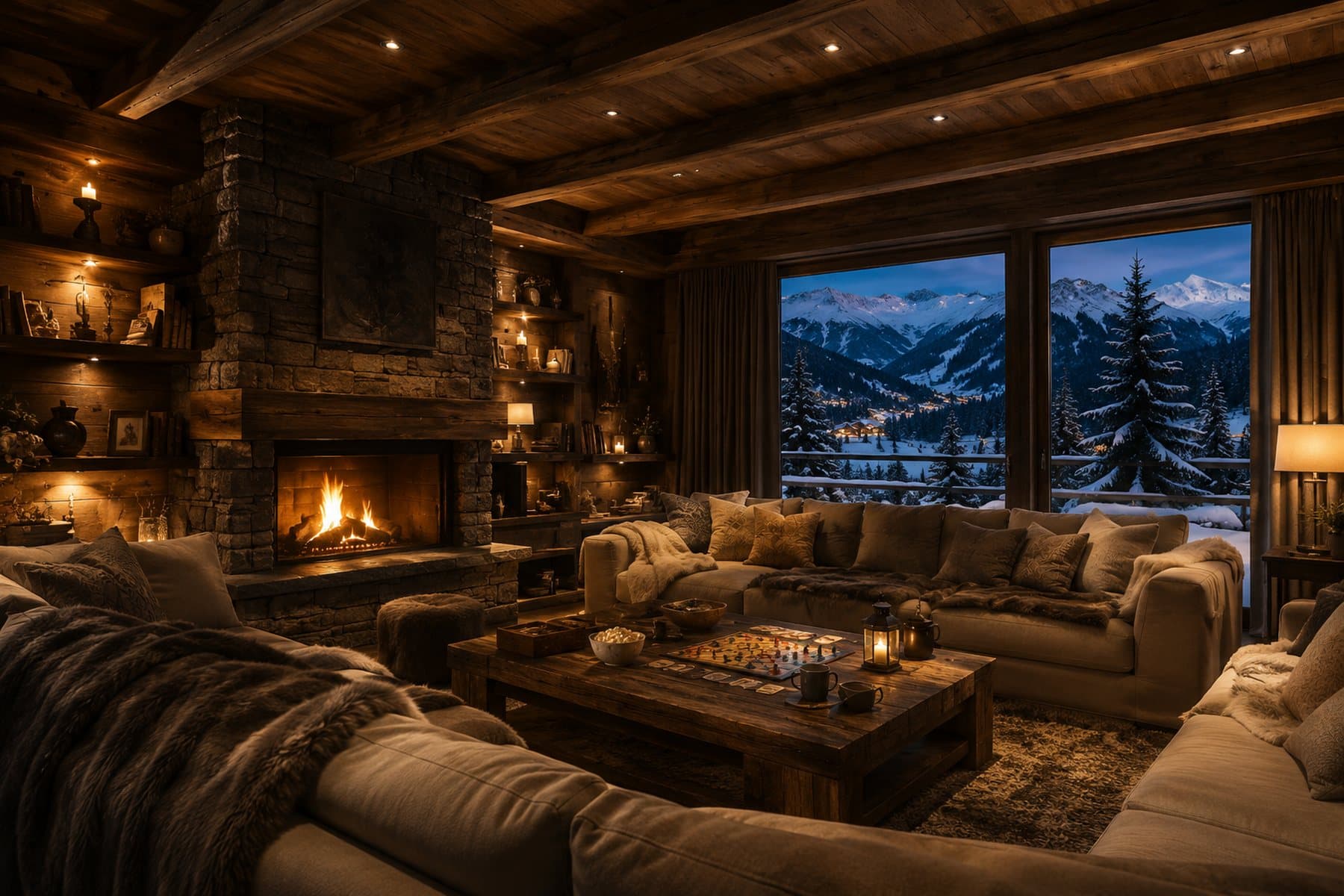 Warm and spacious chalet living room around the fire overlooking the mountains