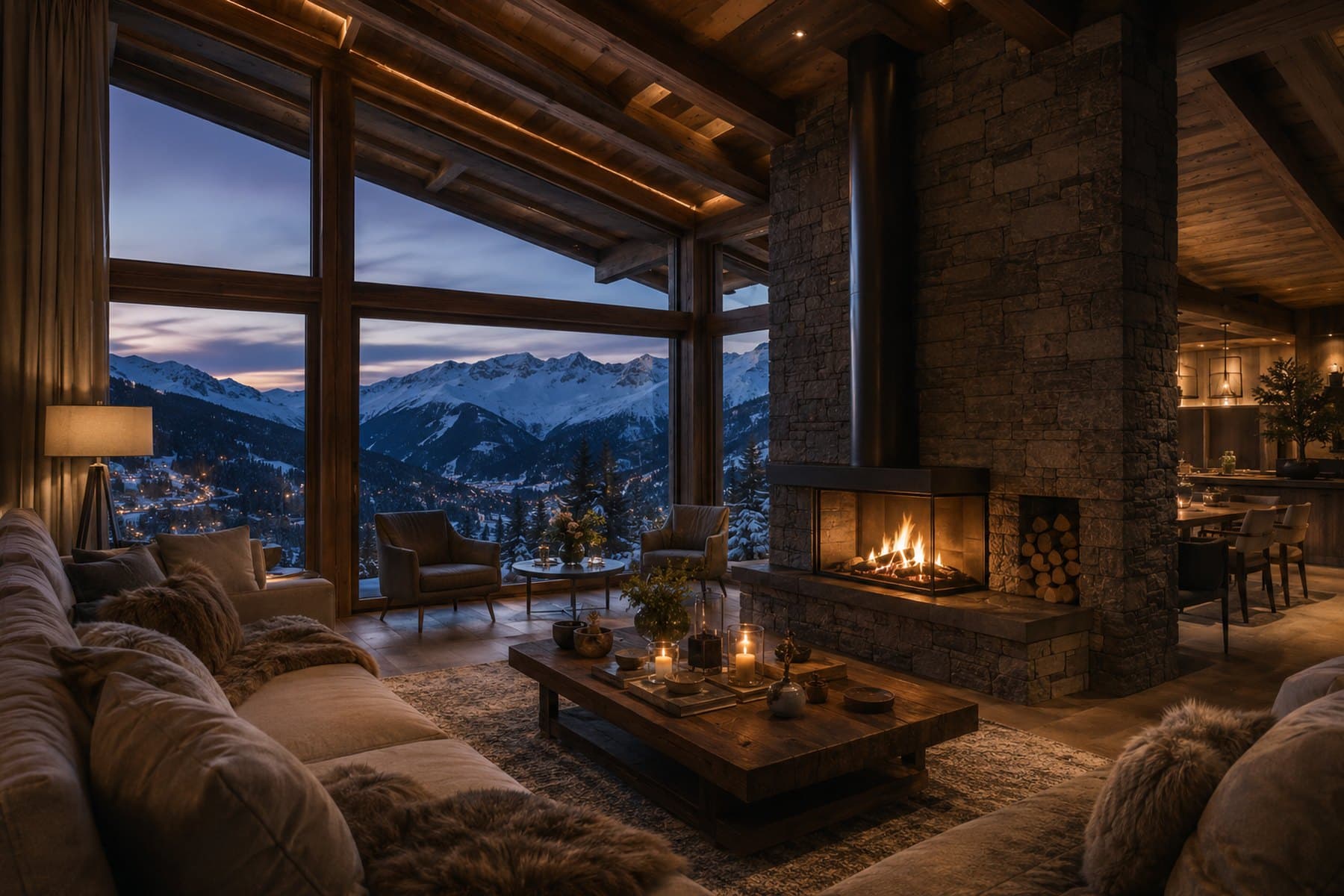 Wood and stone chalet living room with fireplace overlooking the mountains