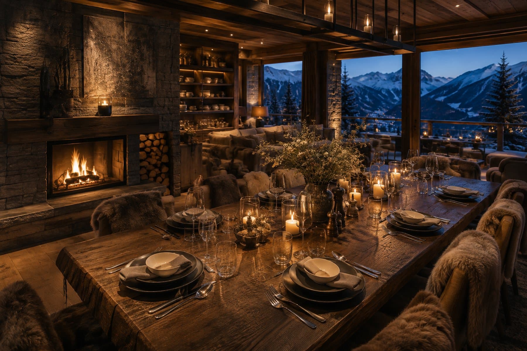 Dining table prepared in a private chalet beside the fireplace