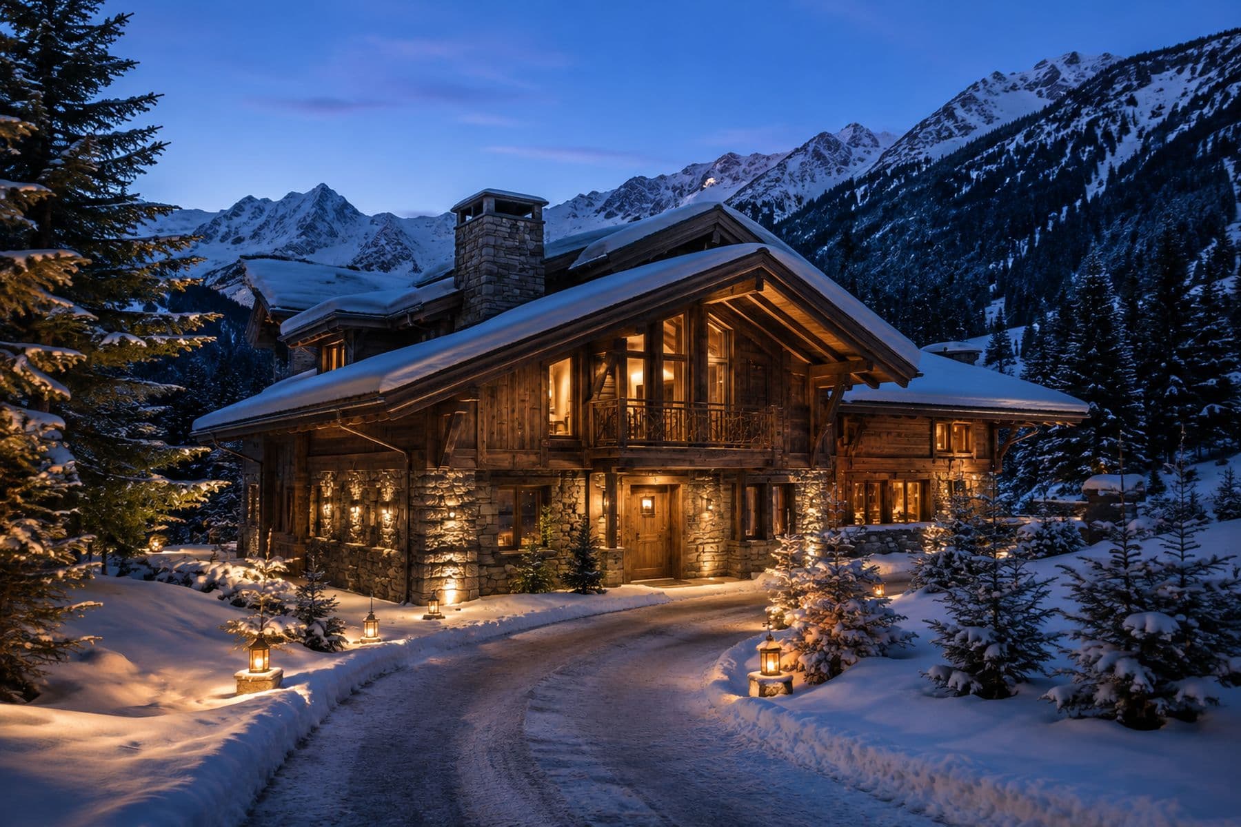 Private alpine chalet illuminated in the snow at dusk